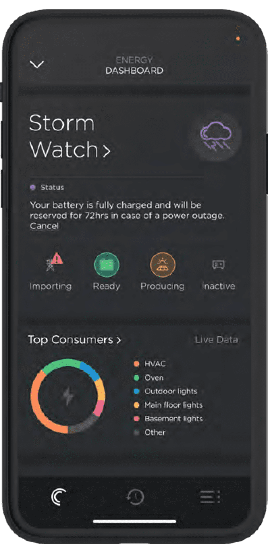 Smartphone displaying an energy dashboard with Storm Watch status