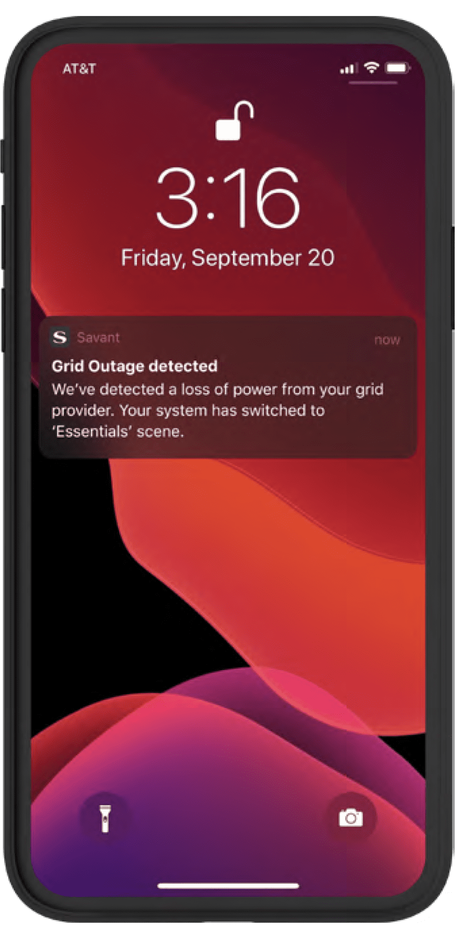 Smartphone displaying a power outage notification on the lock screen