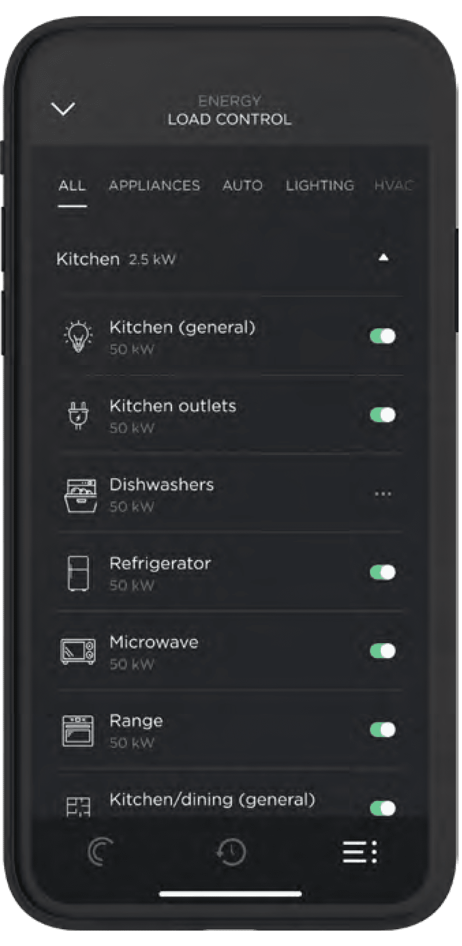Smartphone displaying load control settings for household appliances
